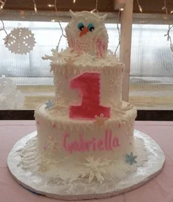 First birthday cake with owl topper